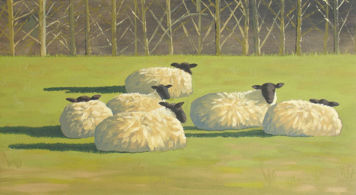 Sheep Resting in a field, oil painting on canvas